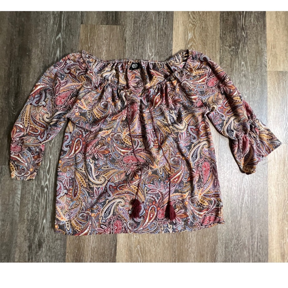 Bobeau Blouse Womens Large Multicolor Paisley Off Shoulder Tassel‎ Tie Boho Top
